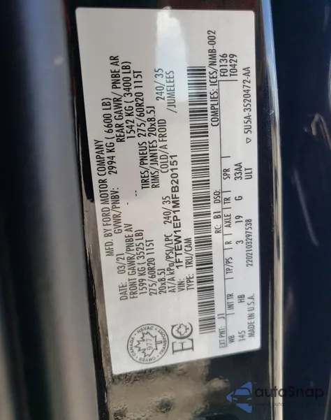 2021 Ford F150 Supercrew from USA, damaged, VIN 1FTEW1EP1MFB20151